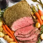 overhead view of sliced top round roast beef recipe