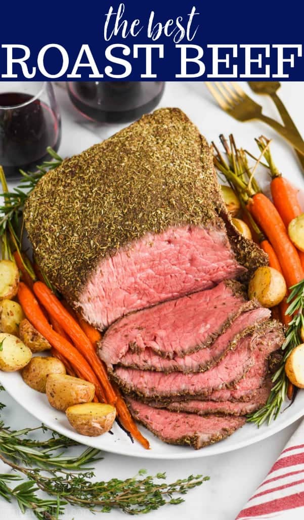 overhead view of sliced top round roast beef recipe