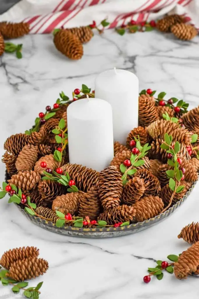cinnamon scented pine cones on a tray to make a centerpiece