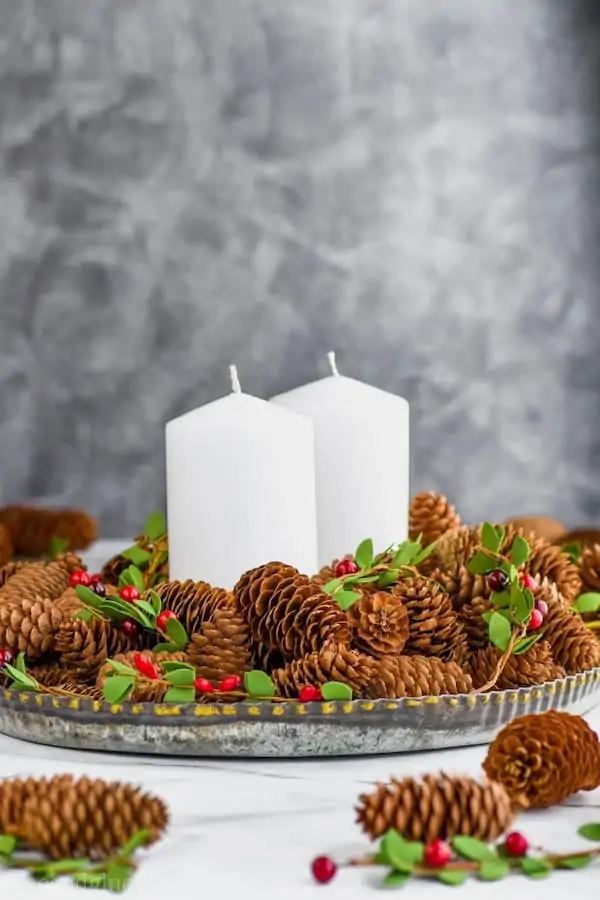 cinnamon scented pine cones on a tray to make a centerpiece