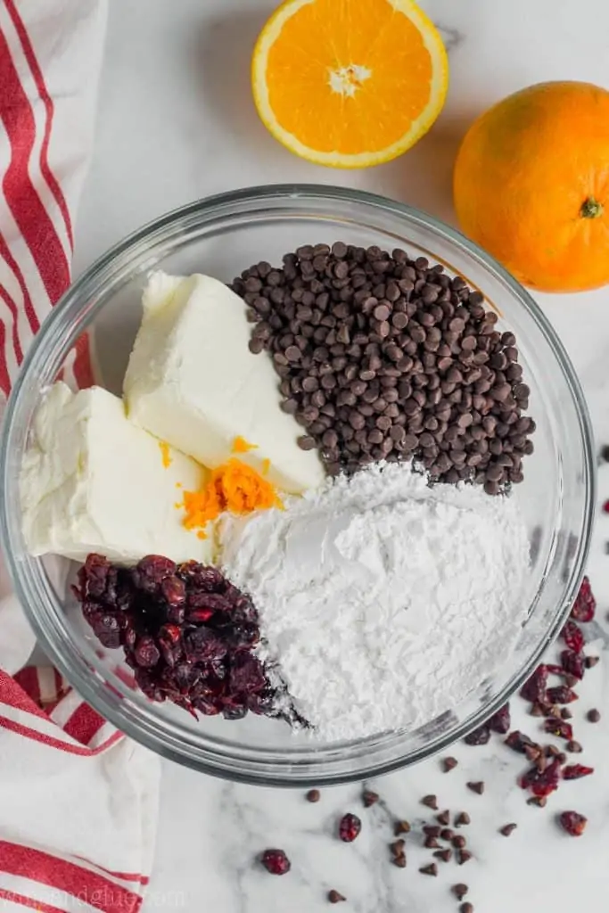 ingredients for a dessert cheese ball recipe in a bowl