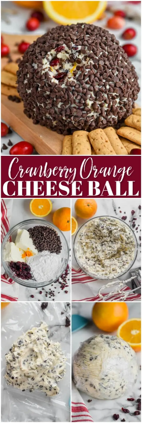 chocolate chip coated cranberry orange cheese ball recipe on a cutting board with crackers