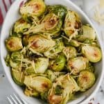 overhead view of crispy brussels sprouts in a bowl