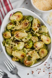 overhead view of crispy brussels sprouts in a bowl