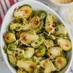 overhead view of crispy brussels sprouts in a bowl