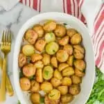 overhead view of baking dish full of roasted baby potatoes recipe