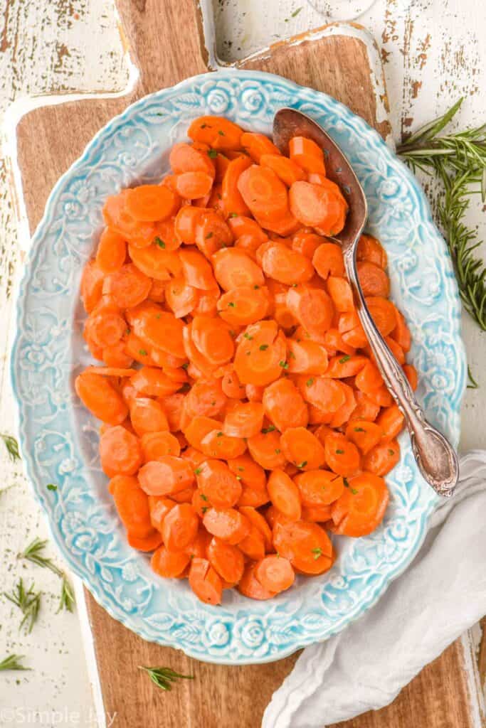 overhead view of a serving platter holding honey glazed carrots