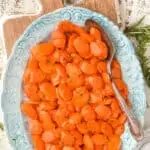 overhead view of a serving platter holding honey glazed carrots