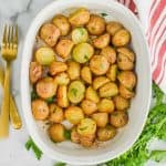 overhead view of baking dish full of roasted baby potatoes recipe