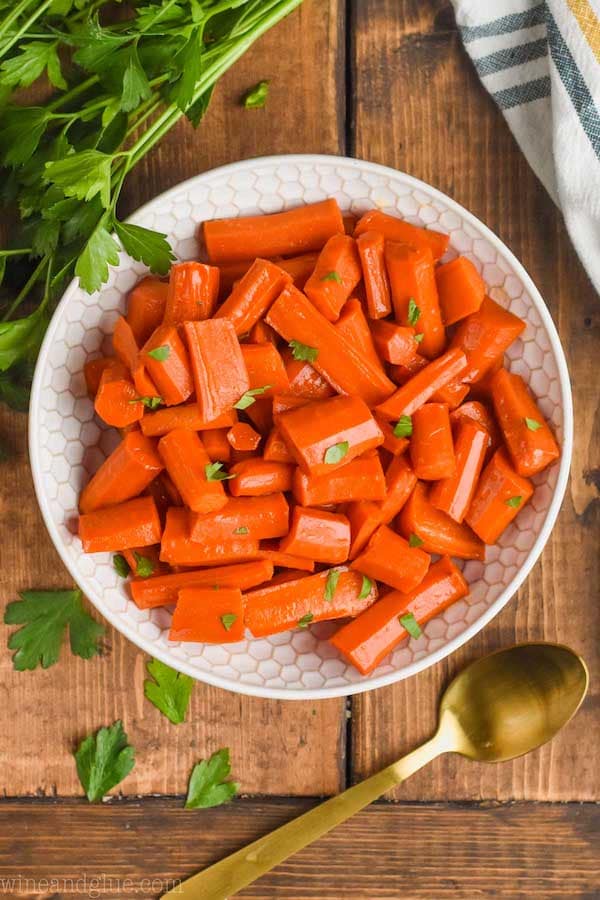 overhead view of bowl of roasted honey glazed carrots recipe