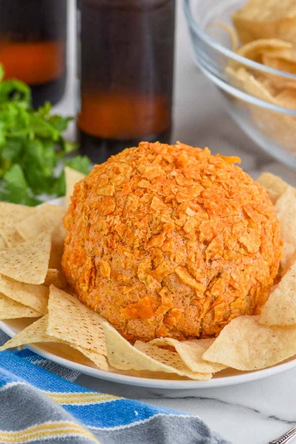 Surrounded by tortilla chips, the Taco Cheese Ball is topped with some cheesy crushed chips. 