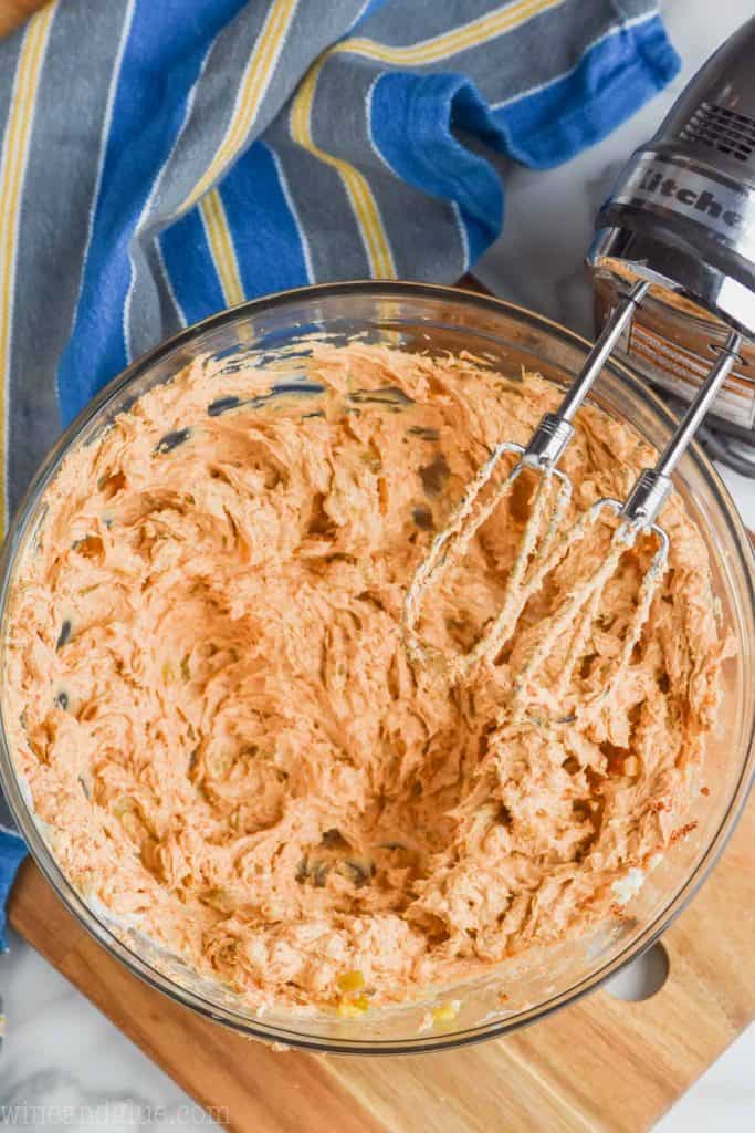 bowl of blended cheese ball ingredients