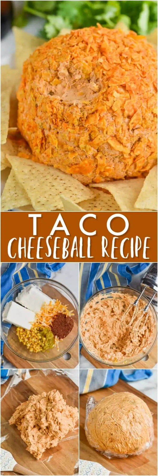 close up of taco cheese ball recipe covered in broken up doritos