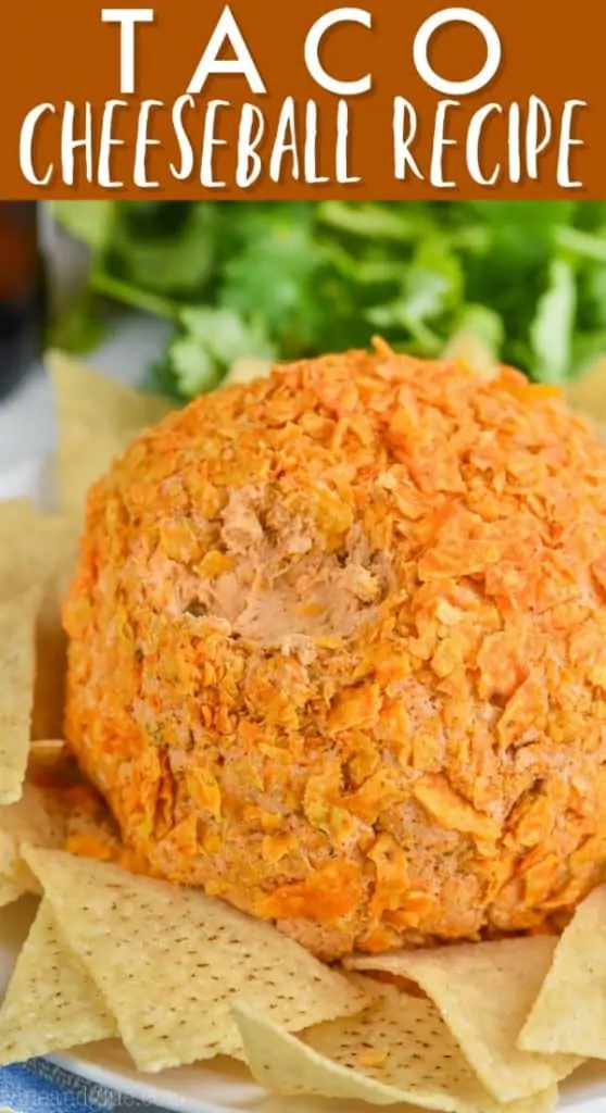 close up of taco cheese ball recipe covered in broken up doritos