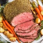 overhead view of sliced top round roast beef recipe