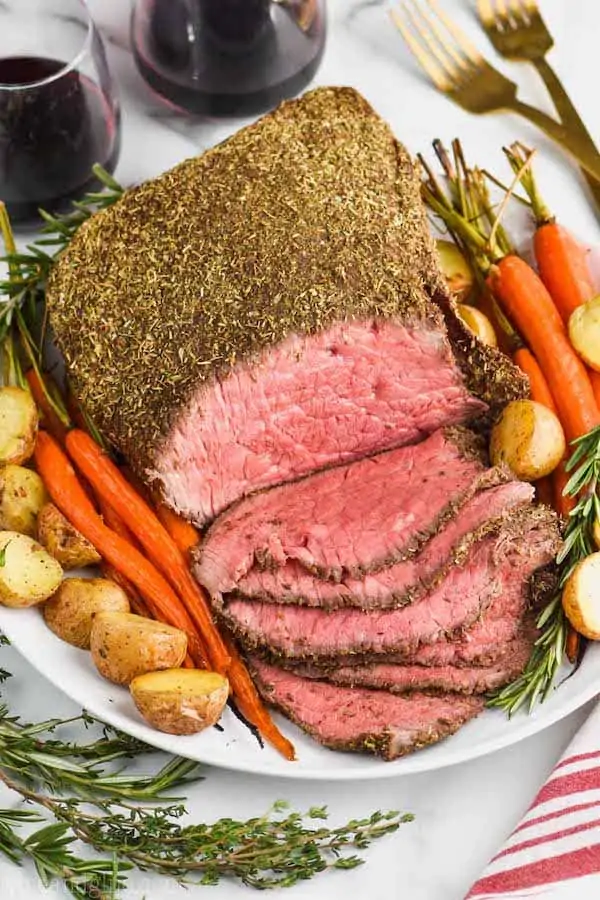 overhead view of sliced top round roast beef recipe