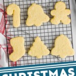 pinterest graphic of recipe for sugar cookies on a wire cooling rack, says "Christmas sugar cookies, simplejoy.com"