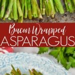 four groups of bacon wrapped asparagus baked with brown sugar on a tray