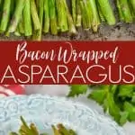 four groups of bacon wrapped asparagus baked with brown sugar on a tray