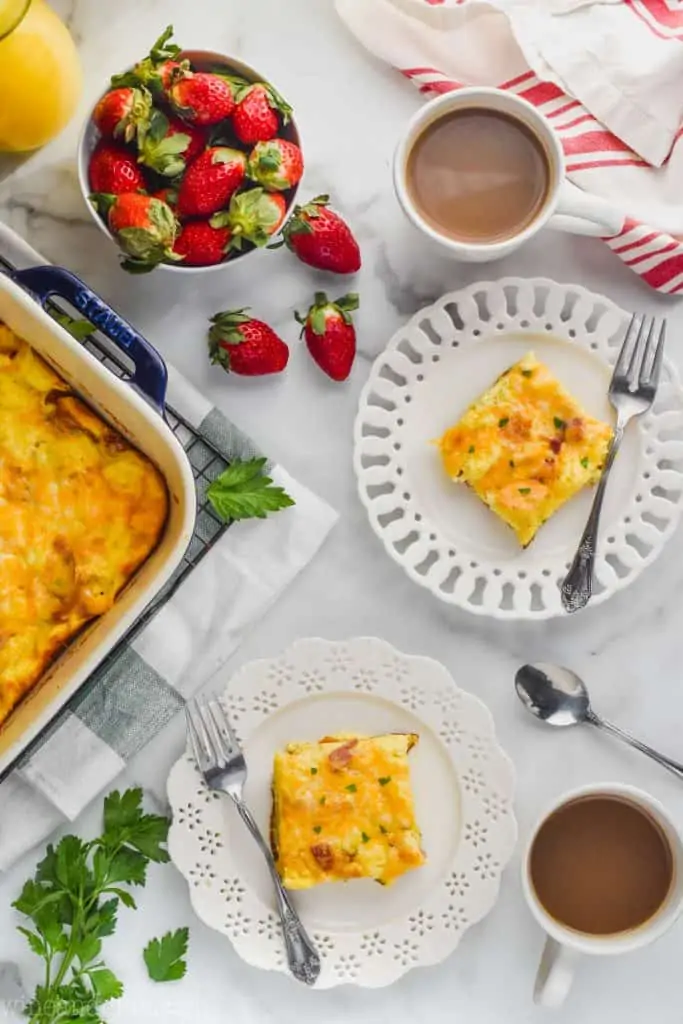 overhead view of breakfast scene with two plates of breakfast casserole recipe