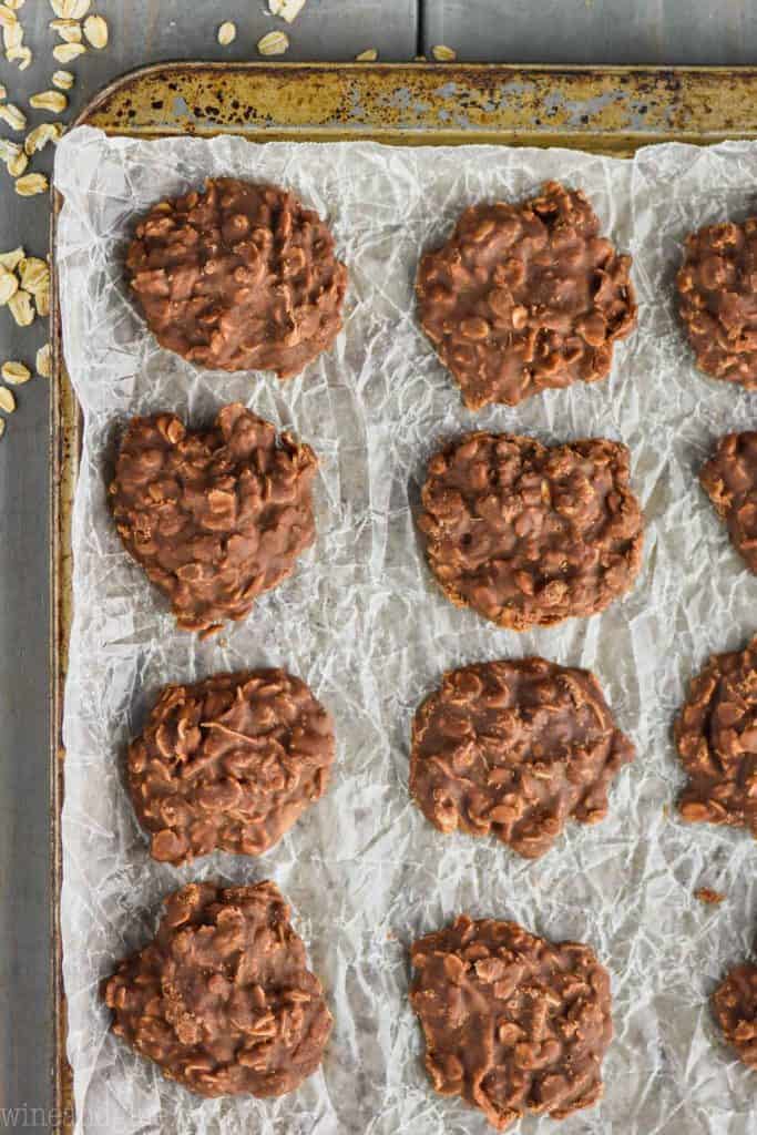 easy chocolate peanut butter no bake cookies on a baking sheet lined with wax paper