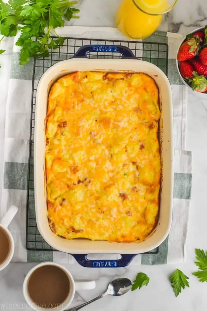 overhead view of overnight breakfast casserole in a casserole dish