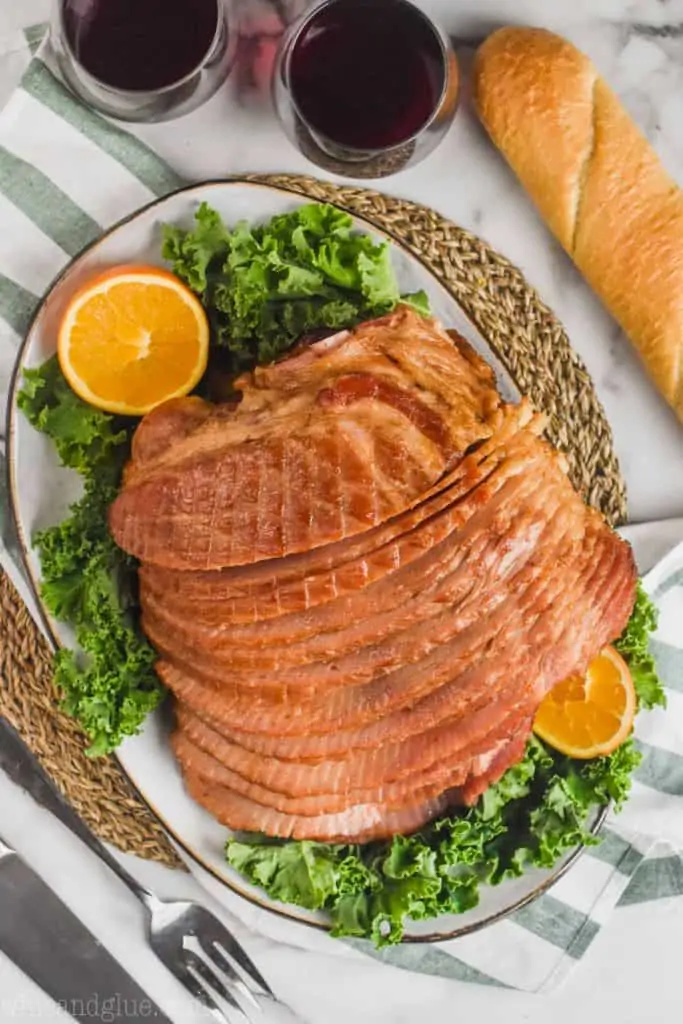 overhead view of slow cooker spiral ham on a platter