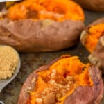 pinterest graphic of close up of sweet potato with brown sugar, says: "slow cooker sweet potatoes simplejoy.com"