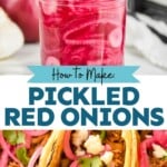 a pinterest graphic of pickled red onions, says: "how to make pickled red onions, simplejoy.com"