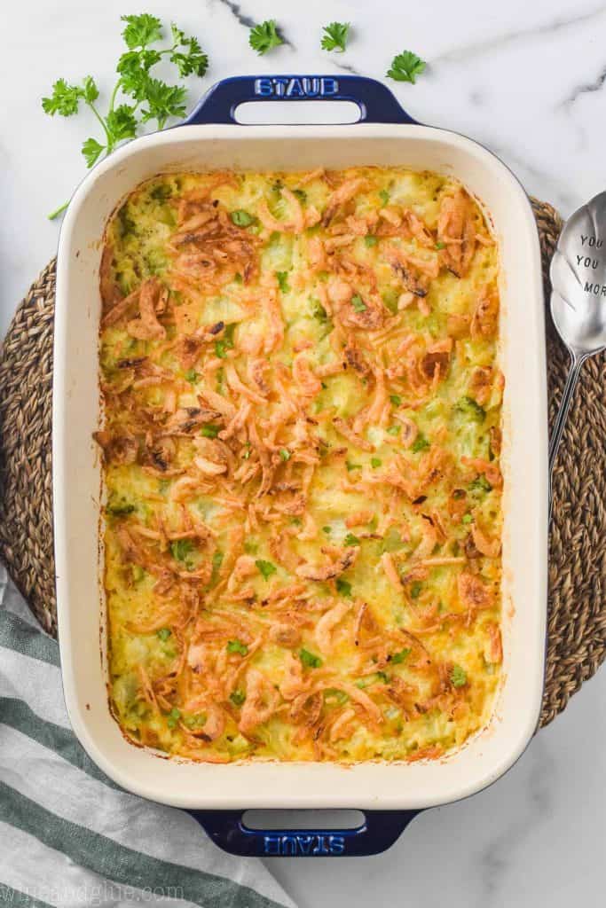 overhead view of the broccoli cheese rice casserole in a large casserole dish