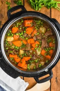 overhead view of beef stew in the instant pot