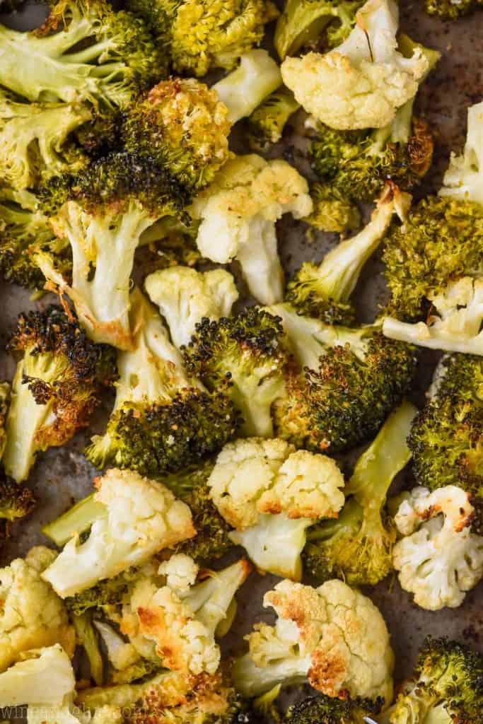 up close view of roasted broccoli and cauliflower recipe