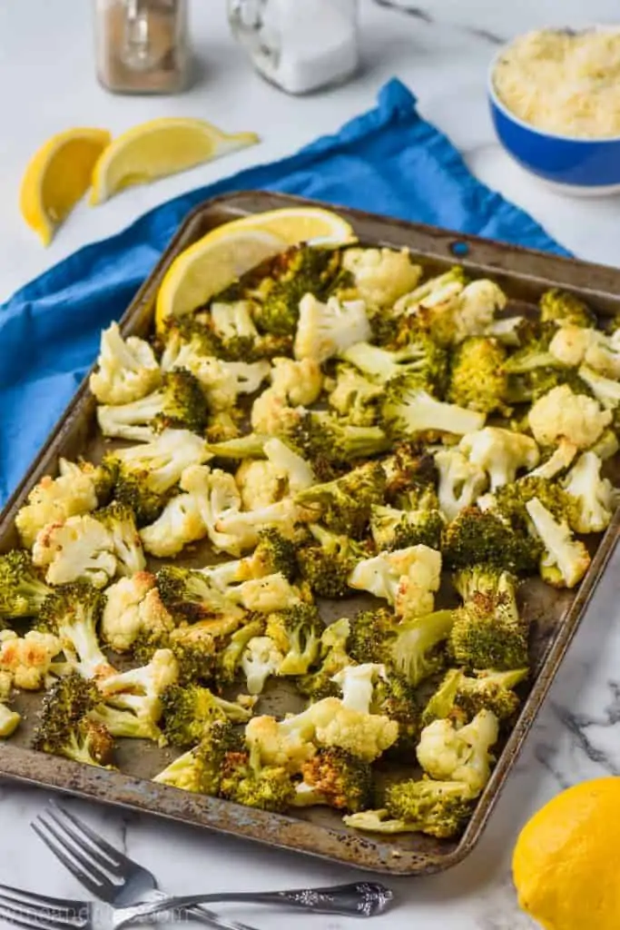side view of a tray of raosted broccoli cauliflower