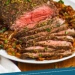 Pinterest graphic of front on picture of top round roast beef recipe sliced