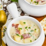 small white soup bowl full of new england clam chowder recipe and garnished with parsley - 15