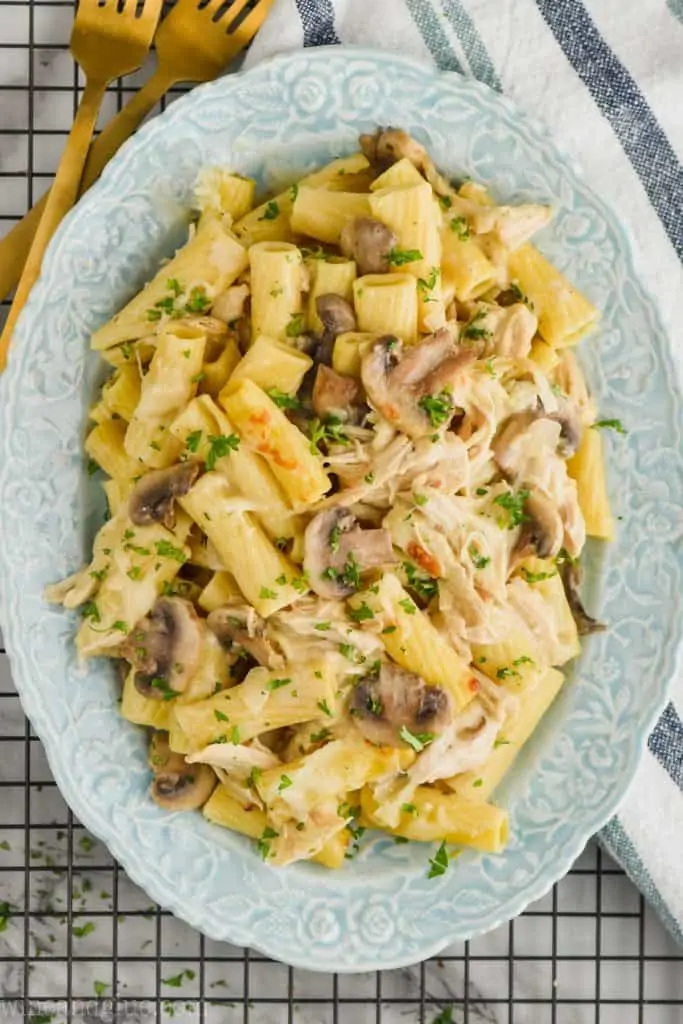 Overhead photo of the Chicken Noodle Casserole with parsley topping the dish