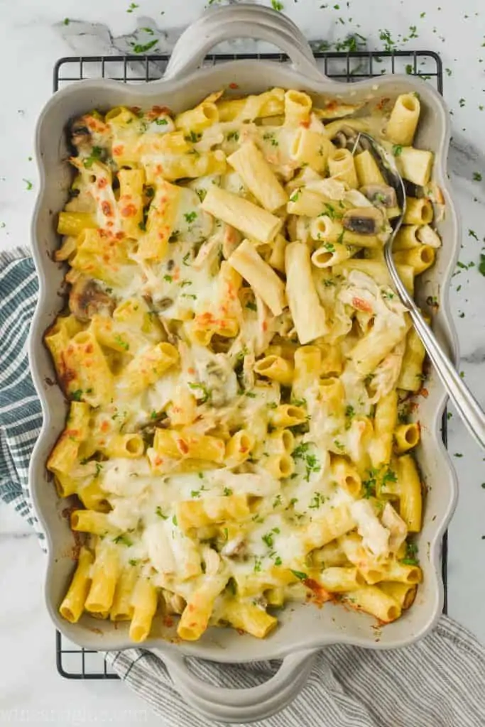 overhead view of baking dish full of chicken pasta recipe