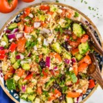 overhead view of Mediterranean quinoa in a wood bowl - 17