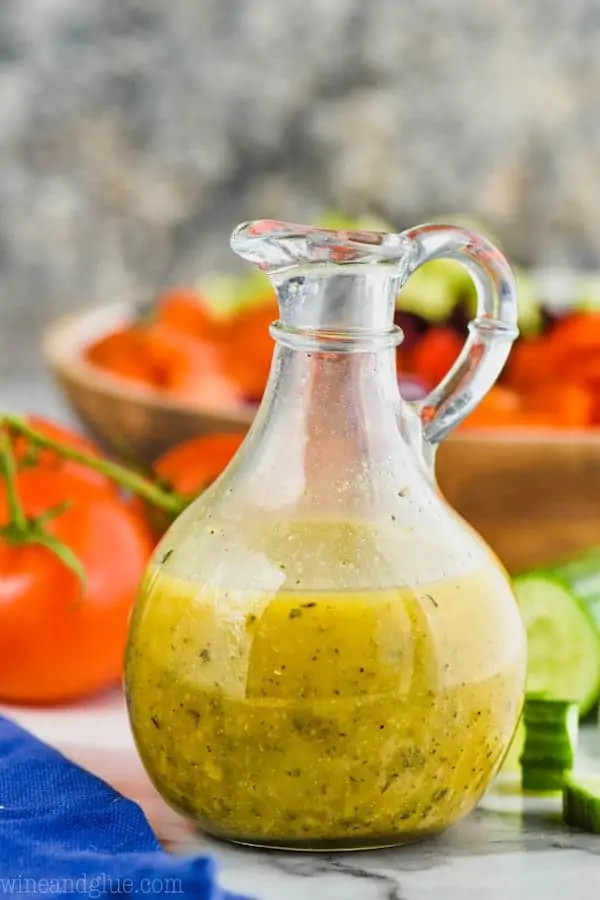 greek salad dressing in a salad dressing container