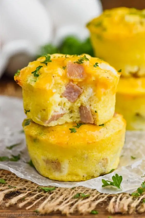two ham and cheese egg muffins stacked
