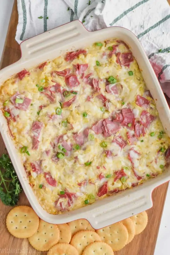 overhead view of reuben dip baked in casserole dish