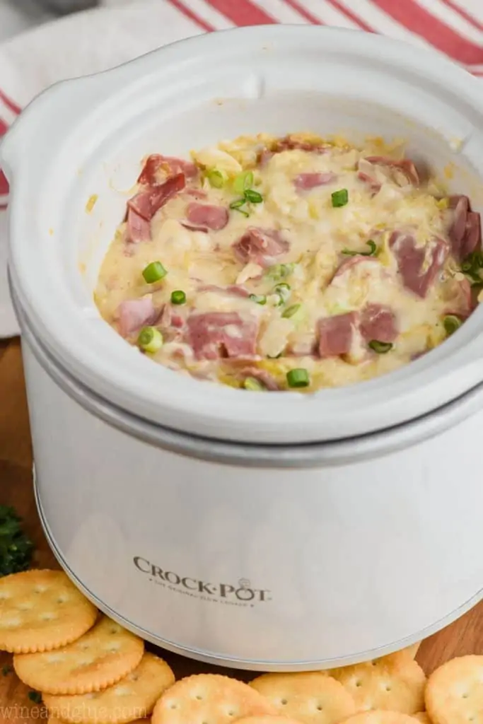 reuben dip in a small white crock pot