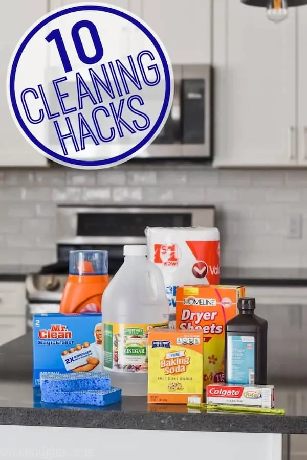 household items on a counter used for cleaning hacks