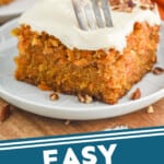 pinterest graphic of a piece of carrot cake with a fork sticking out of it