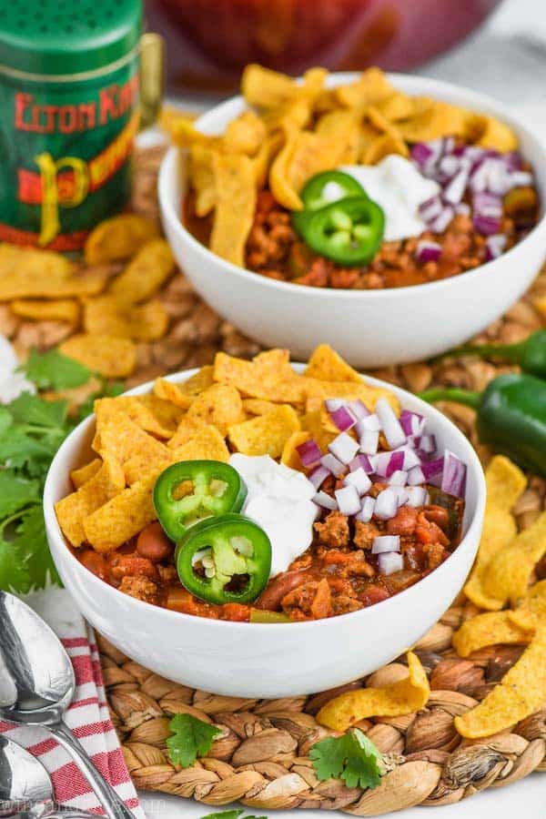 two bowls of ground turkey chili