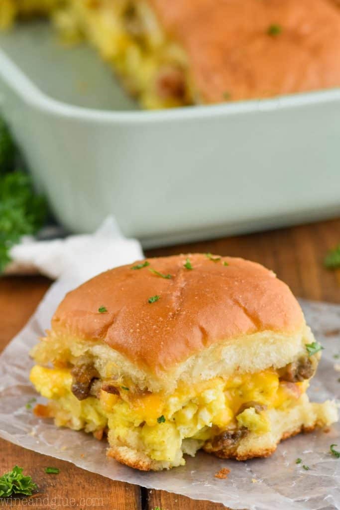 cheese breakfast slider recipe sitting on wax paper