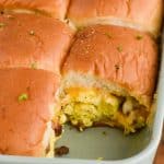 casserole dish filled with breakfast sliders cut into