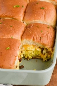 casserole dish filled with breakfast sliders cut into