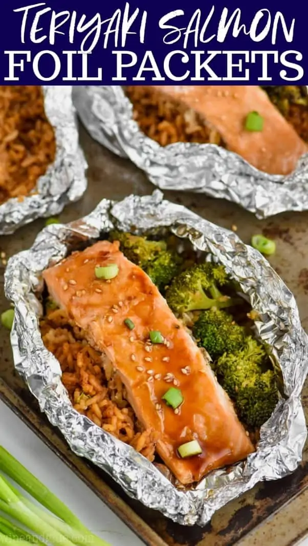 teriyaki salmon foil packets with salmon, broccoli, and rice