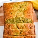 Pinterest graphic for Banana Zucchini Bread recipe. Text says, "The best Banana Zucchini Bread simplejoy.com." Image is overhead photo of a partially sliced loaf of Banana Zucchini Bread.